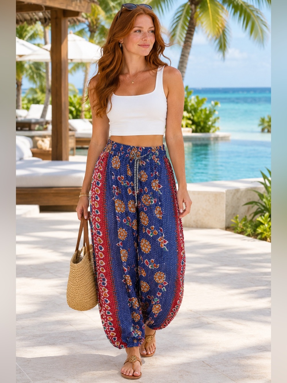Kantha Bohemian Floral Print Elastic Waist Harem Pants - Blue/Red NWT